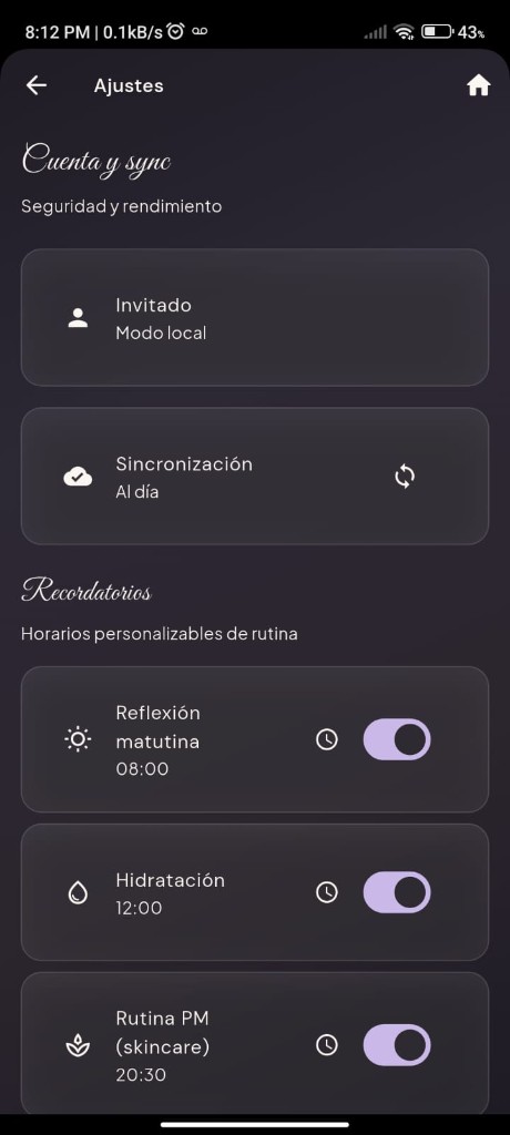 Ajustes de cuenta, sincronización y recordatorios