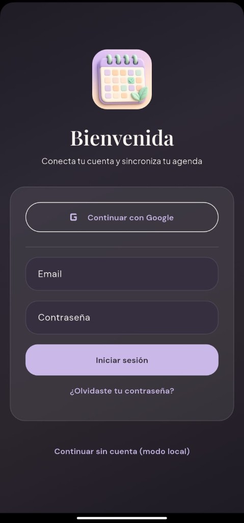 Pantalla de bienvenida con inicio de sesión y modo local