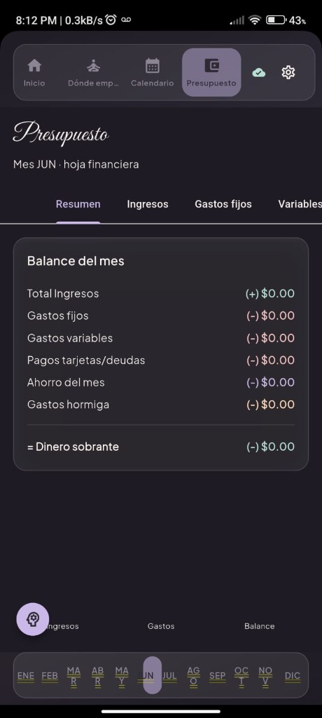 Hoja financiera con ingresos, gastos fijos y variables